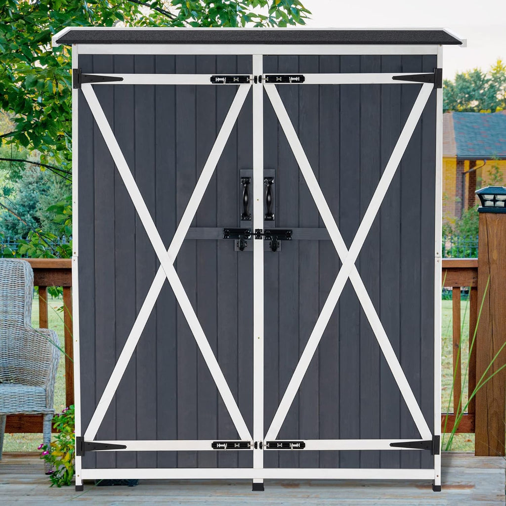 MCombo Outdoor Storage Cabinet with Shelves, Wood Garden Shed with Floor, Outside Tool Shed with 2 Lockable Doors for Backyard Patio Lawn, 1400 (Gray)