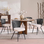 BedsPick Rattan Dining Chair Set of 4 - Farmhouse Upholstered Cane Back Kitchen Chair with Boucle Cushion, Wingback Dining Room Seat with Metal Legs for Home, Kitchen (Black)