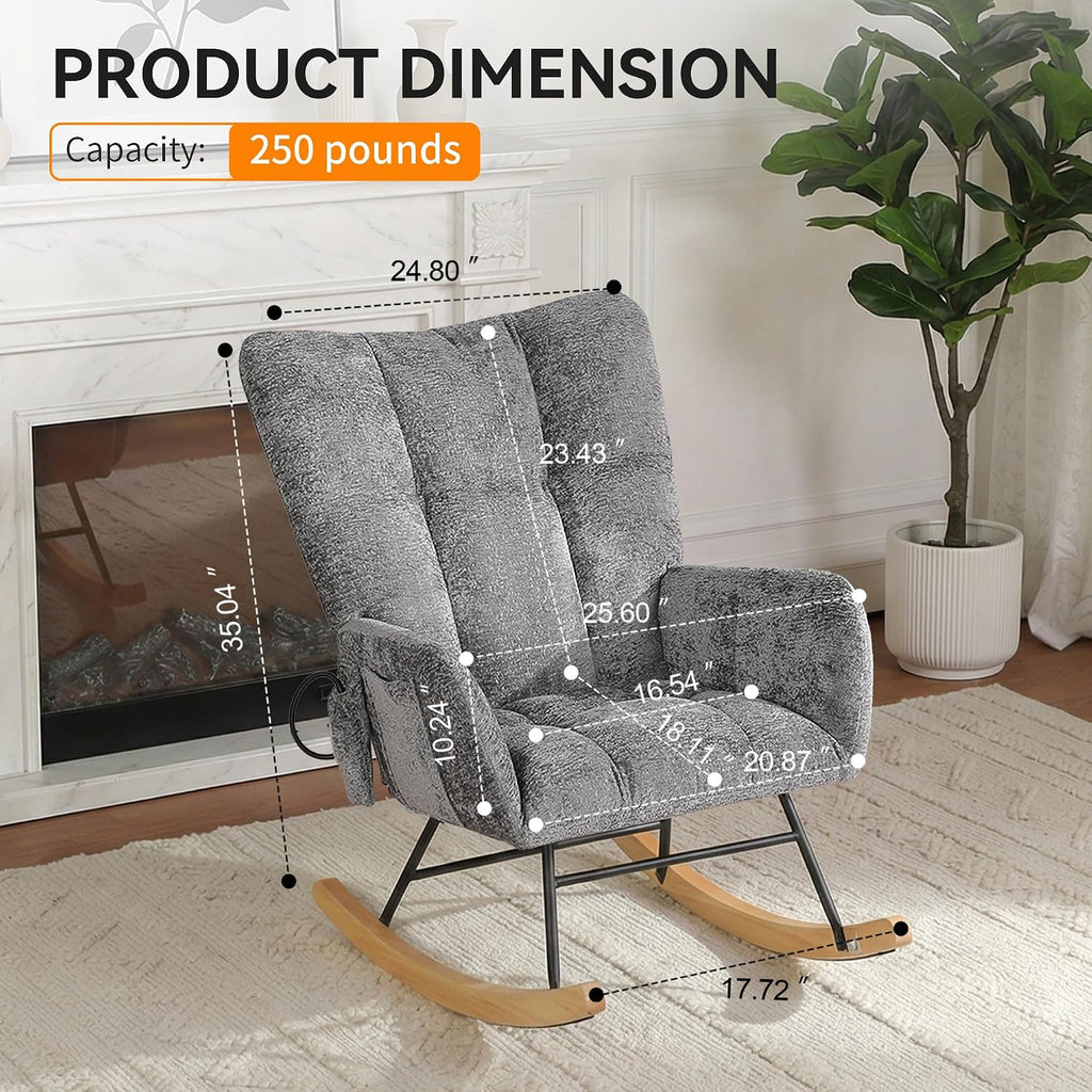 Rocking Chair with Airbag, Comfy Modern Reading & Nursing Nursery Rocking Chair Indoor, Cozy Upholstered Glider Rocker Chairs for Living Room Bedroom Offices, (Chenille, Dark Grey)