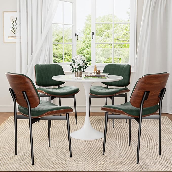 Dining Chairs Set of 8, Mid-Century Modern Upholstered PU Leather Chairs with Walnut Bentwood Back and Metal Legs Adjustable Feet for Kitchen Dining Room, Dark Green Shell Strips