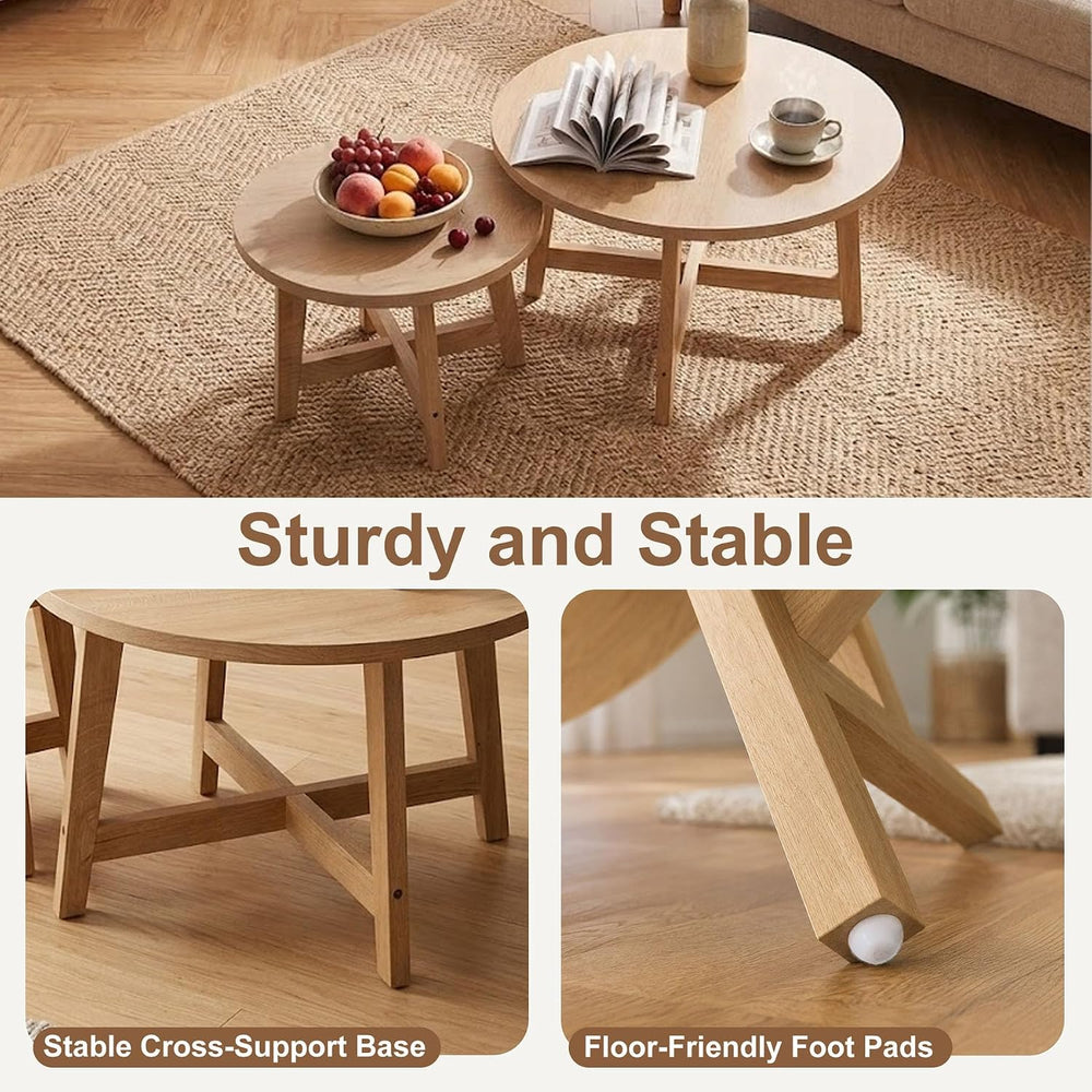 Round Nesting Tables Set of 2, Modern Coffee Table for Living Room (Natural)