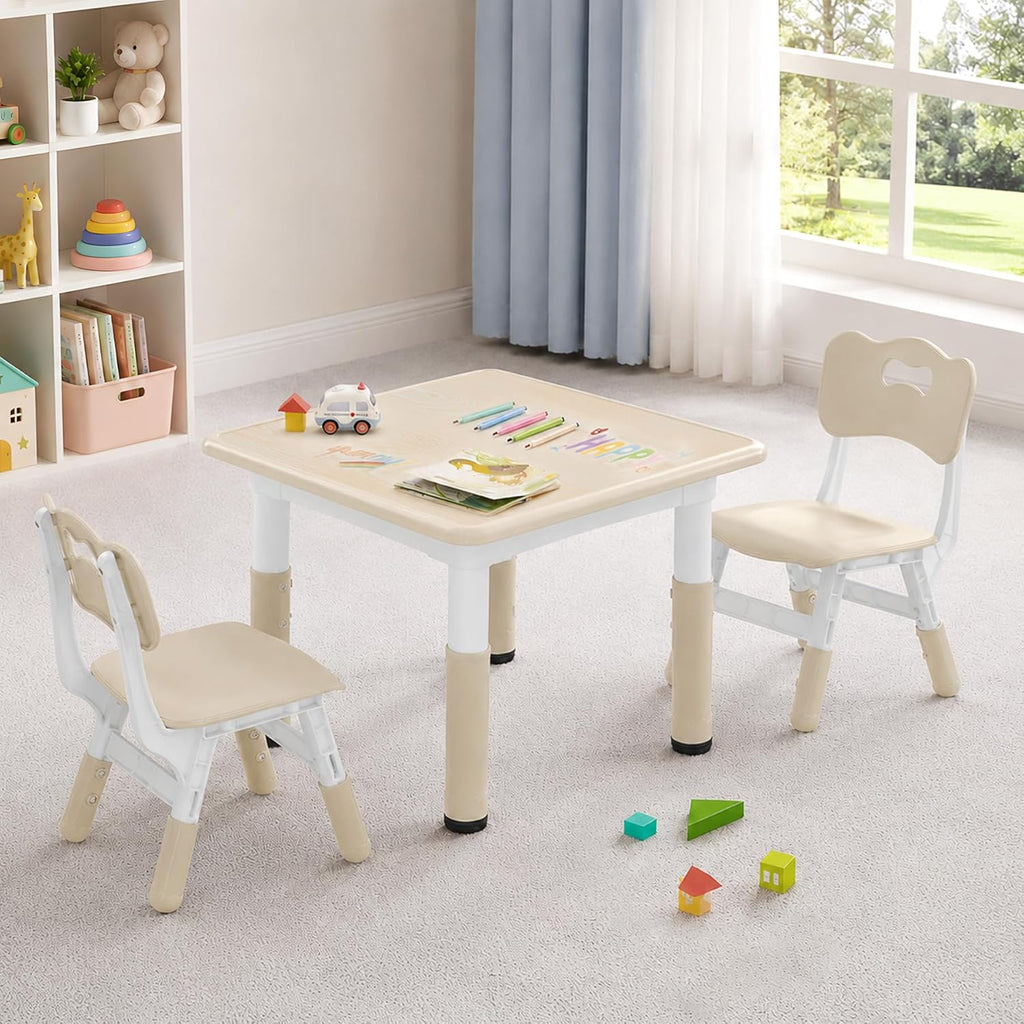 Height Adjustable Kids Table and Chairs Set (2 Chairs) for Ages 2-8 | Non-Slip Toddler Activity Table with Wipe-Clean Desktop, Montessori Learning & Art Drawing Desk for Home Preschool Classroom
