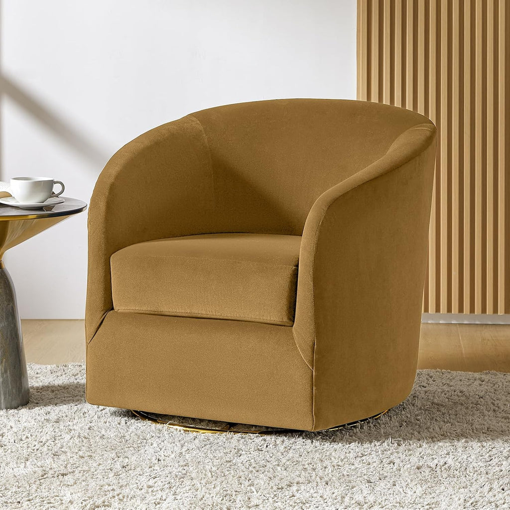 HULALA HOME Swivel Accent Chair with Gold Metal Base, Contemporary Velvet Curved Swivel Barrel Chair, Upholstered Club Armchair, Leisure Single Sofa for Living Room, Nursery, Bedroom(Golden)