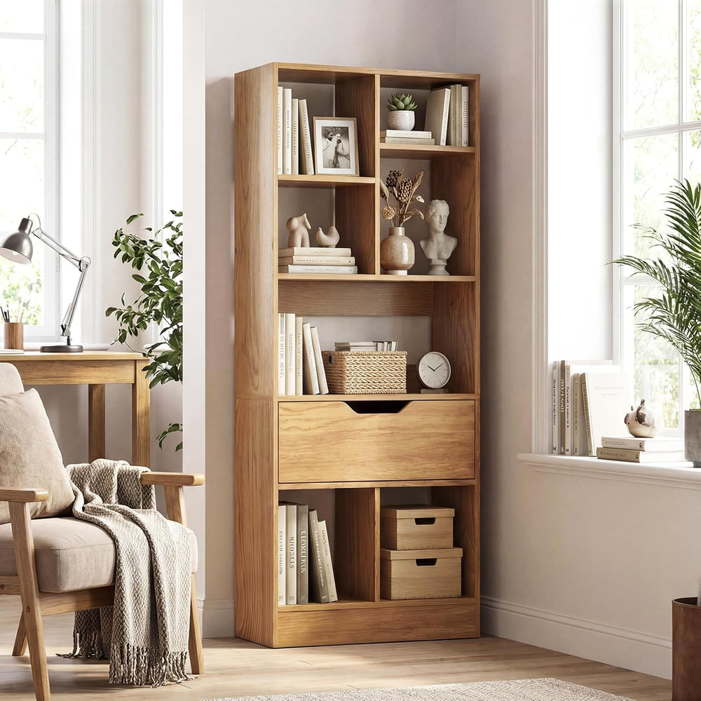 Tangkula 51” Tall Open Bookcase with Drawer, 7-Cube Display Storage Cabinet O...