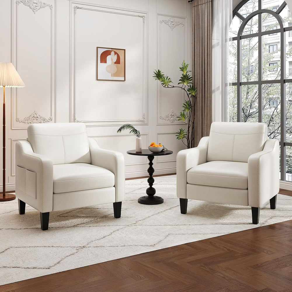 MALOL PU Leather Accent Chair Set of 2 with Solid Wood Frame, Beige