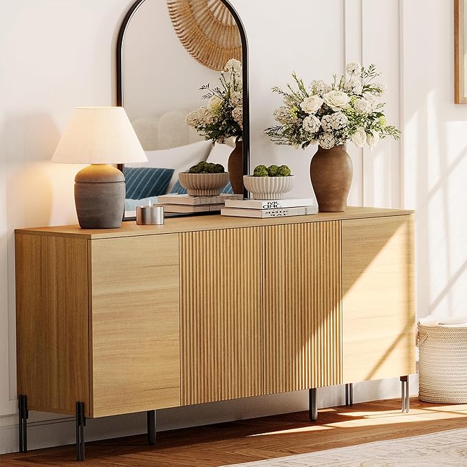 WAMPAT 61.6" TV Stand Cabinets for TVs up to 70 Inches, Entertainment Center with Storage Cabinets and 4 Doors, Mid Century Modern Media TV Console Table for Living Room Bedroom, Oak