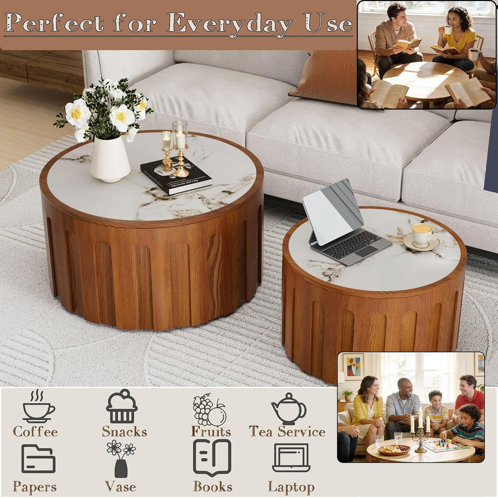 26.4" Round Nesting Coffee Table Set of 2, White | Fluted Wood Accent Ba...