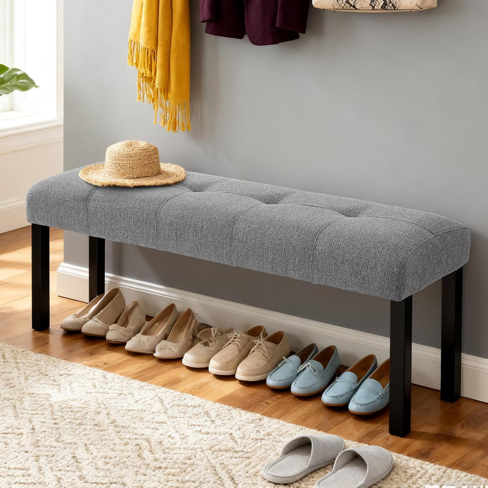 GDFStudio Upholstered Dining Bench with Tufted Linen Seat and Rubber Wood Fra...