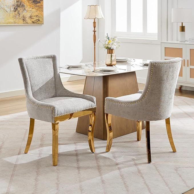 Upholstered Dining Chairs Set of 2, Modern Fabric Side Chairs with Gold Stainless Steel Legs, Accent Kitchen Chairs for Dining Room Table, Beige
