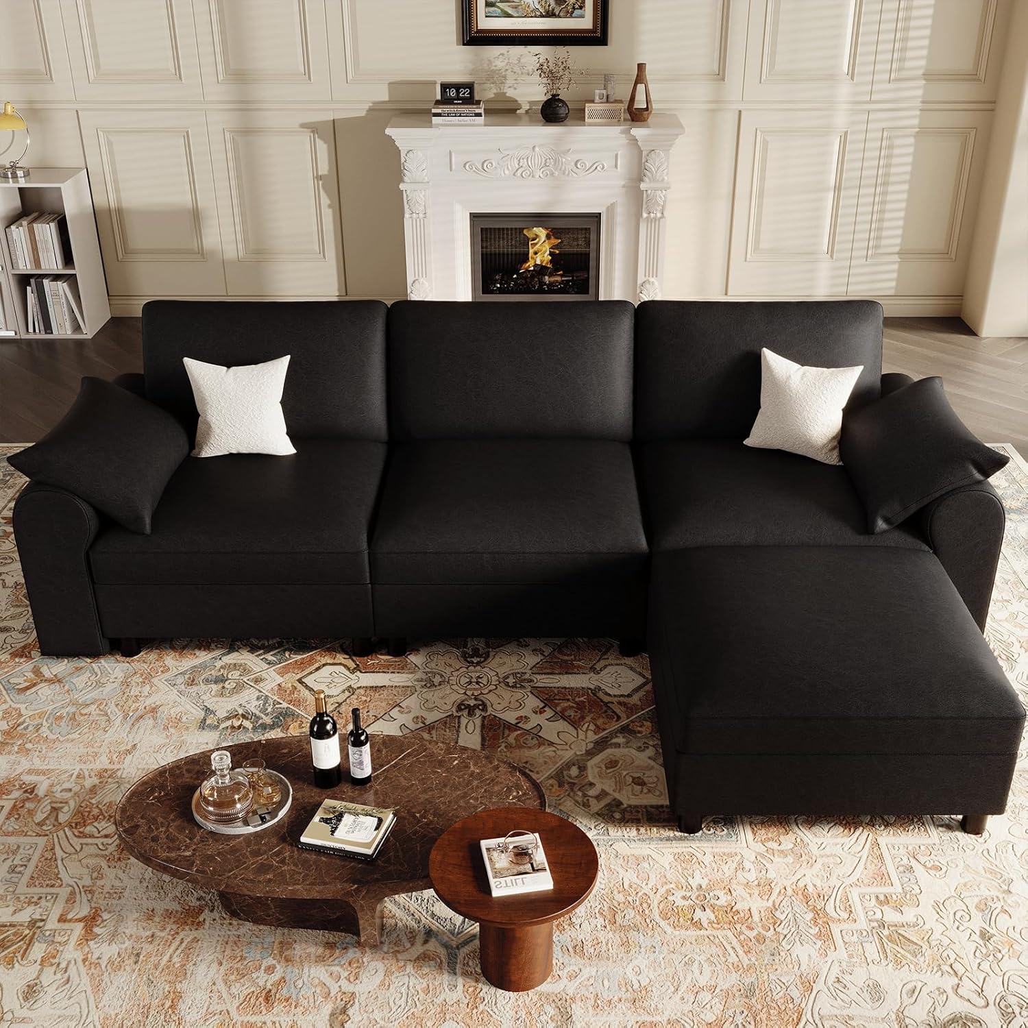 EASE MOOSE Oversized Modular Sectional Sofa, Waterproof & Scratch-Resistant Faux Leather Sofa with Deep Seat, Comfy L-Shaped Sofa with Storage Ottoman, Sectional Couches for Living Room, Black