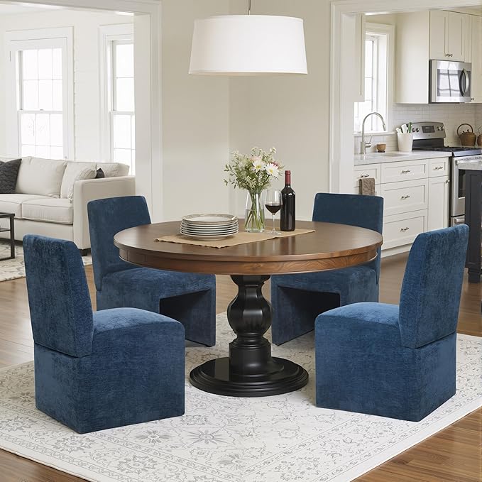 Blue Upholstered Dining Chairs Set of 4, Kitchen & Dining Room Chairs, Mid Century Modern Chairs, Linen Dining Chairs with Wooden Frame, Fabric