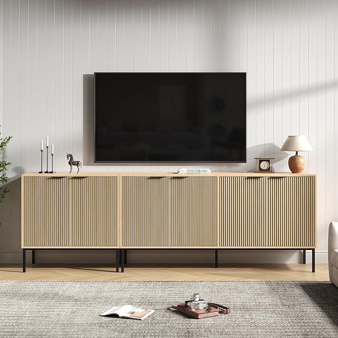 TV Stand for 100" TV, Mid Century Modern 94.5'' Television Stand, Entertainment Center with Storage and Adjustable Shelves, Media Console TV Cabinet for Living Room