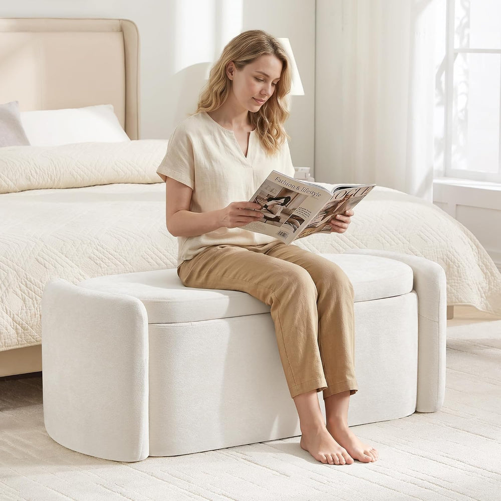 Oval Storage Ottoman Bench, 45" Upholstered Chenille End of Bed Bench Ot...