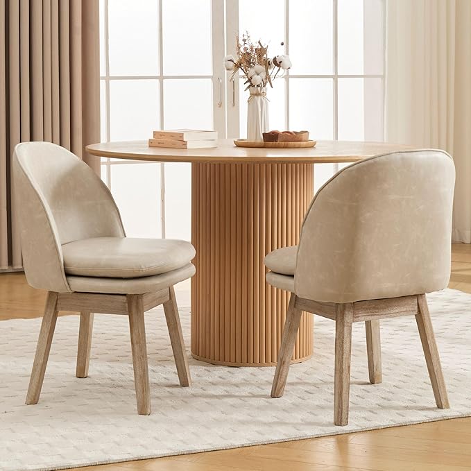 Upholstered Dining Chairs Set of 2, Modern Faux Leather Dining Room Chairs with Solid Wood Legs & Double-Padded Seat, Swivel Accent Desk Chair for Kitchen Dining Room Restaurant - Pebble Grey