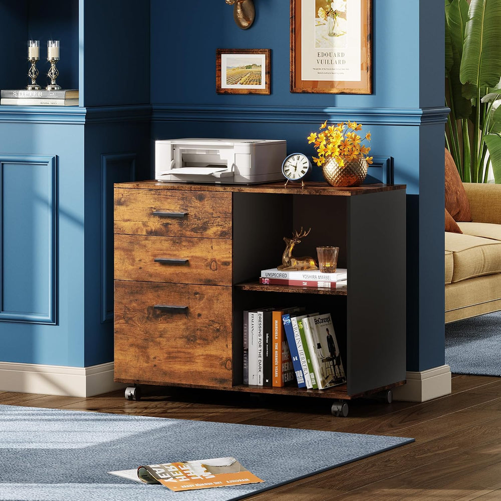DEVAISE 3-Drawer Mobile File Cabinet, Lateral Filing Cabinet, Rustic Brown | ...