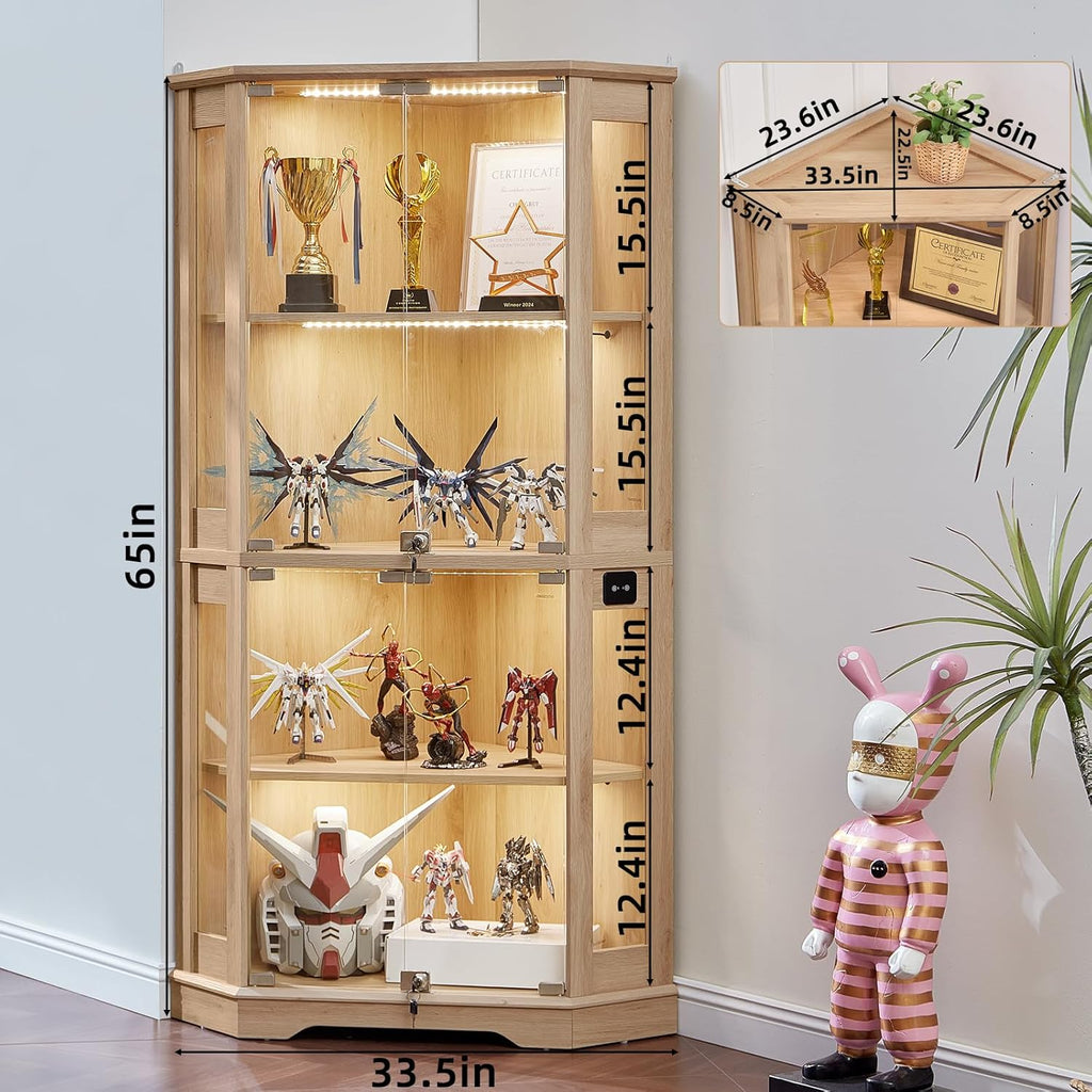 LELELINKY Farmhouse Corner Display Cabinet with Glass Doors, Corner Curio Cabinet with 3-Color LED Motion-Sensor Light, Reinforced Base, Natural