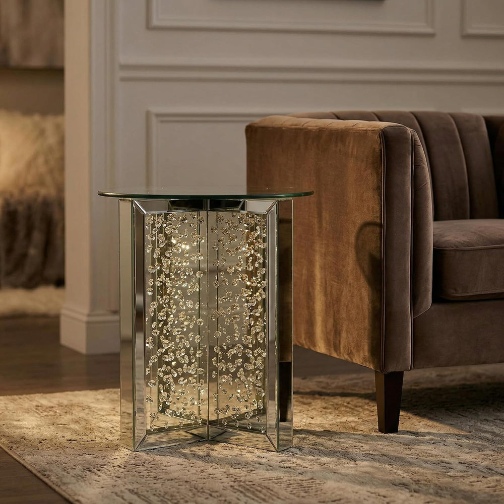 Nysa Modern 21" Round Mirrored End Table with Faux Crystal Inlay, Glam X...