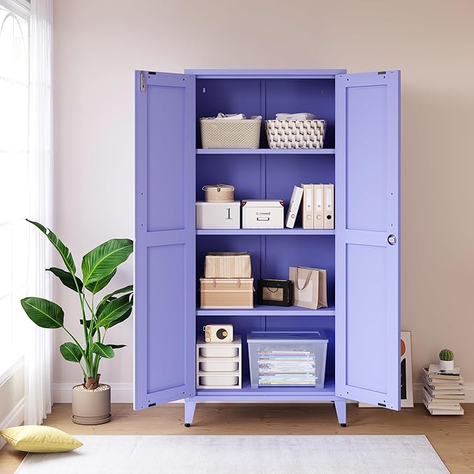Purple Metal Storage Cabinet with Lock, 61" Tall 2-Door Lockable Organiz...
