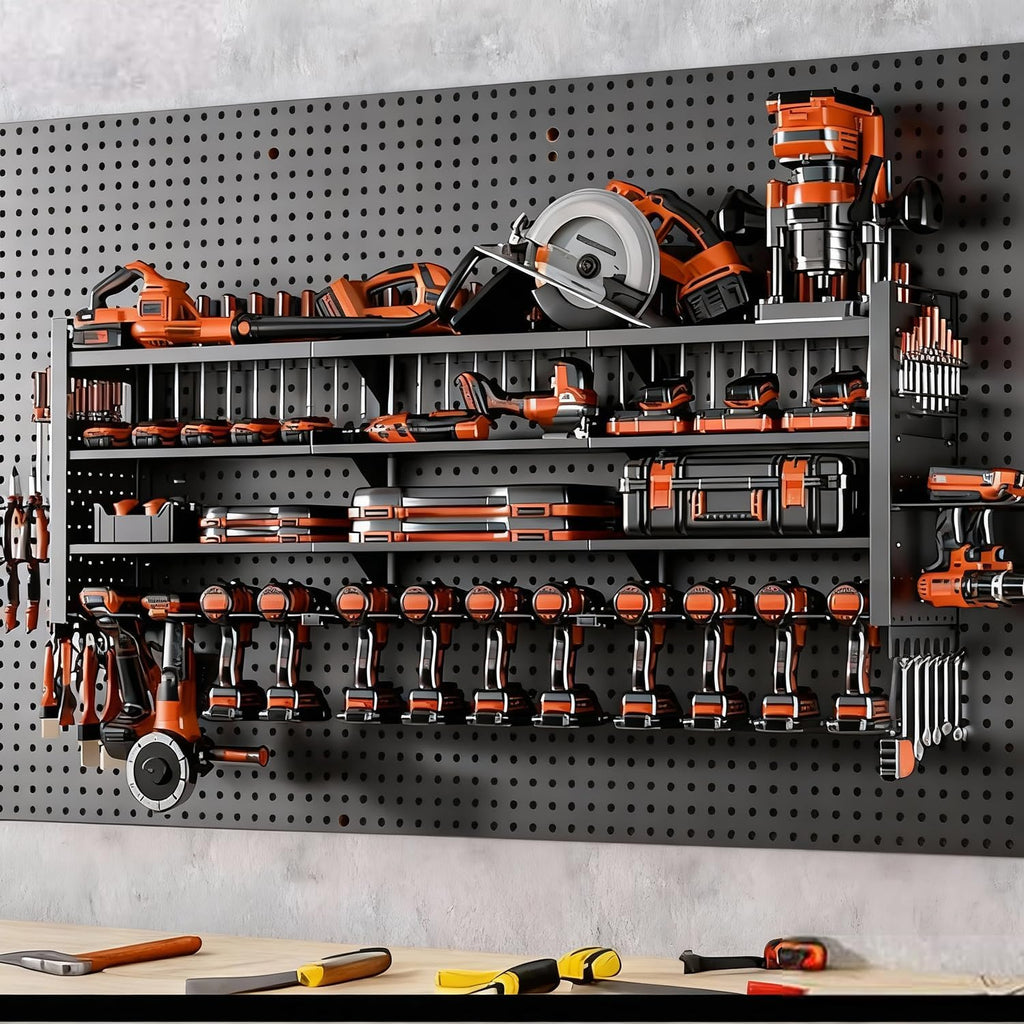 49" W Super Large Power Tool Organizer Wall Mount,Heavy Duty Cordless Tool Organizer with 14 Drill Holder,450 Lbs Capacity 4-Layer Garage Organization for Garage and Workshop (Black)
