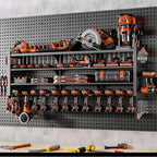 49" W Super Large Power Tool Organizer Wall Mount,Heavy Duty Cordless Tool Organizer with 14 Drill Holder,450 Lbs Capacity 4-Layer Garage Organization for Garage and Workshop (Black)