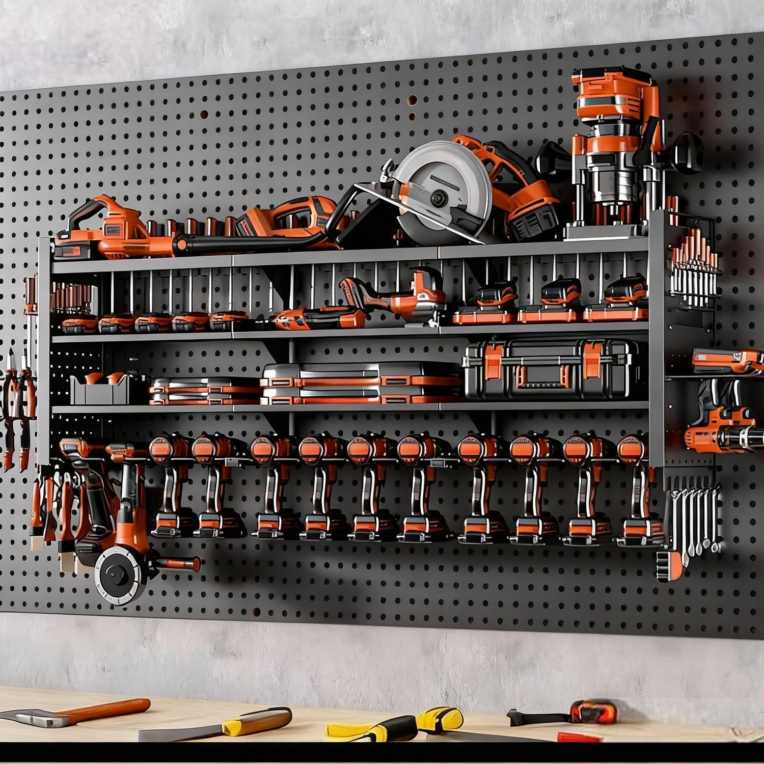 49" W Super Large Power Tool Organizer Wall Mount,Heavy Duty Cordless Tool Organizer with 14 Drill Holder,450 Lbs Capacity 4-Layer Garage Organization for Garage and Workshop (Black)