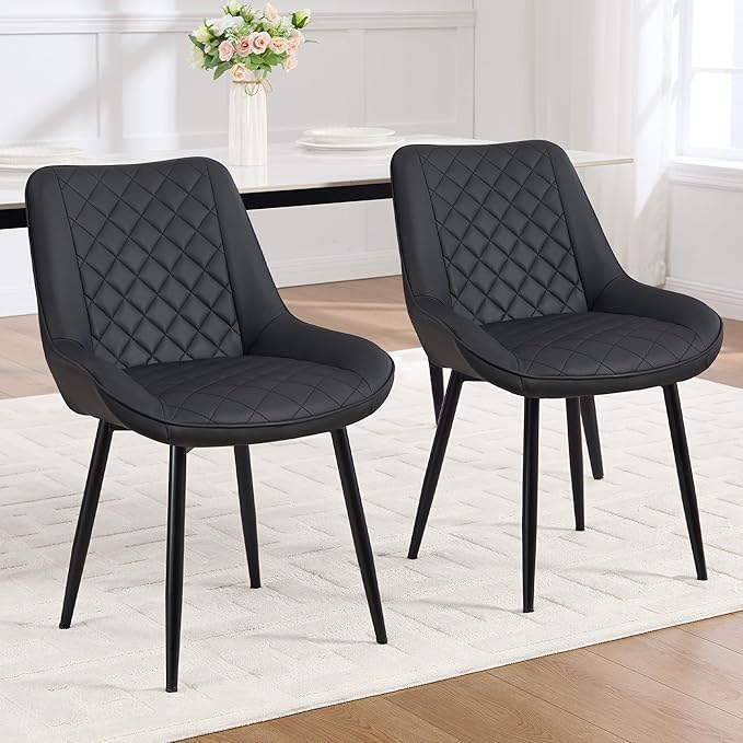 Dining Chair Set of 3, Modern Dining Chairs with Thick Cushions, Faux Leather Upholstered Kitchen Dining Room Chairs with Metal Adjustable Legs for Dining Living Room, Black