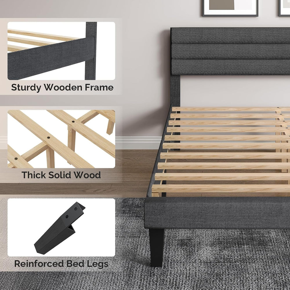 VINGLI Full Upholstered Platform Bed Frame with Headboard,Linen Dark Gray