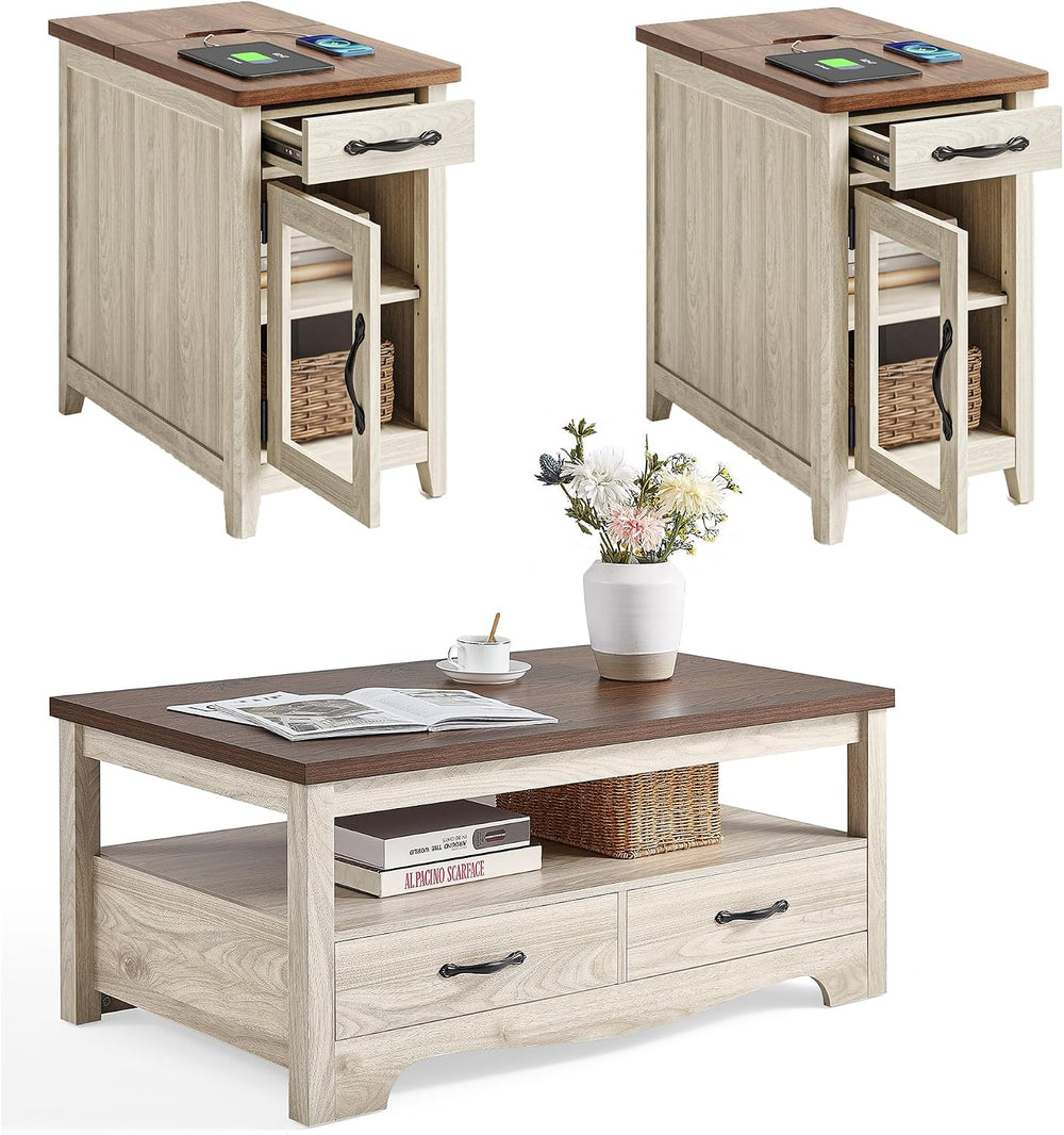 LINSY HOME Farmhouse Coffee Table Sets 3 Pieces, Wood Living Room Table Set I...