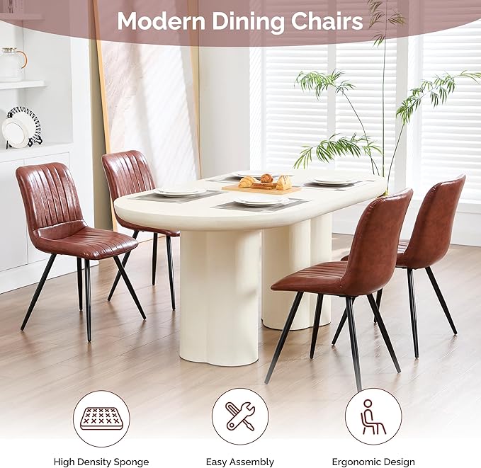 Dining Chairs Set of 6, Modern Dining Chairs with Thick Cushions, PU Leather Upholstered Kitchen Dining Room Chairs with Metal Legs for Dining Living Room (Reddish Brown)