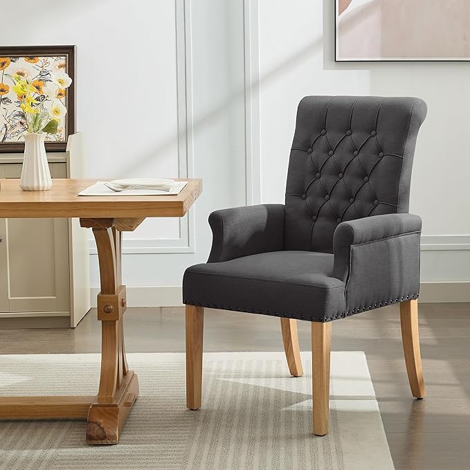 Fabric Dining Chair with Arms, Upholstered Tufted High Back Dining Room Chair...