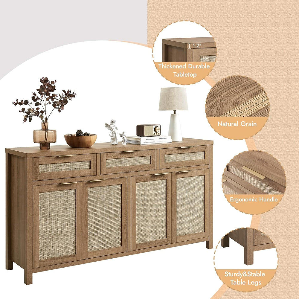 HOKYHOKY 63" Rattan Sideboard Buffet Cabinet, Boho Storage Cabinet | Adj...