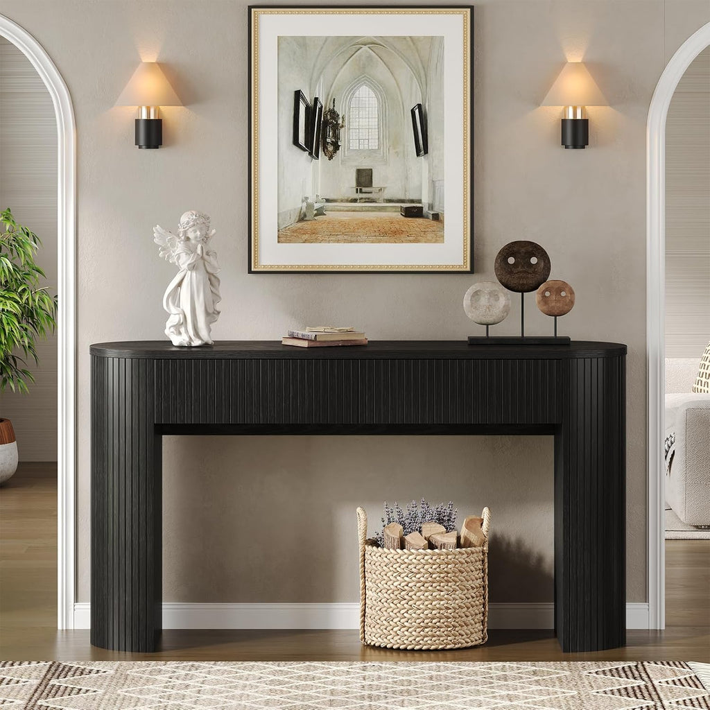 Entryway Table with Storage, Mid-Century Console Tables with 2 Drawers, Modern Fluted Sofa Table Behind The Couch, Foyer Tables for Entryway, Couch,Livingroom (Black, 55 Inches)
