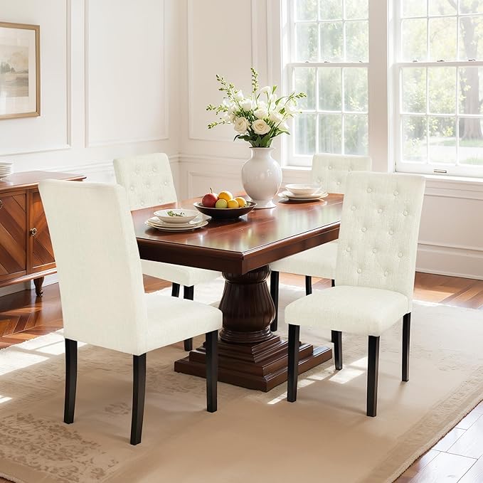 CHUN YI Dining Chairs Set of 4, Button Tufted Upholstered Fabric Dining Room Chairs with Solid Wood Legs, Modern Parsons Chair Side Chair for Kitchen/Restaurant/Hotel, Ivory White