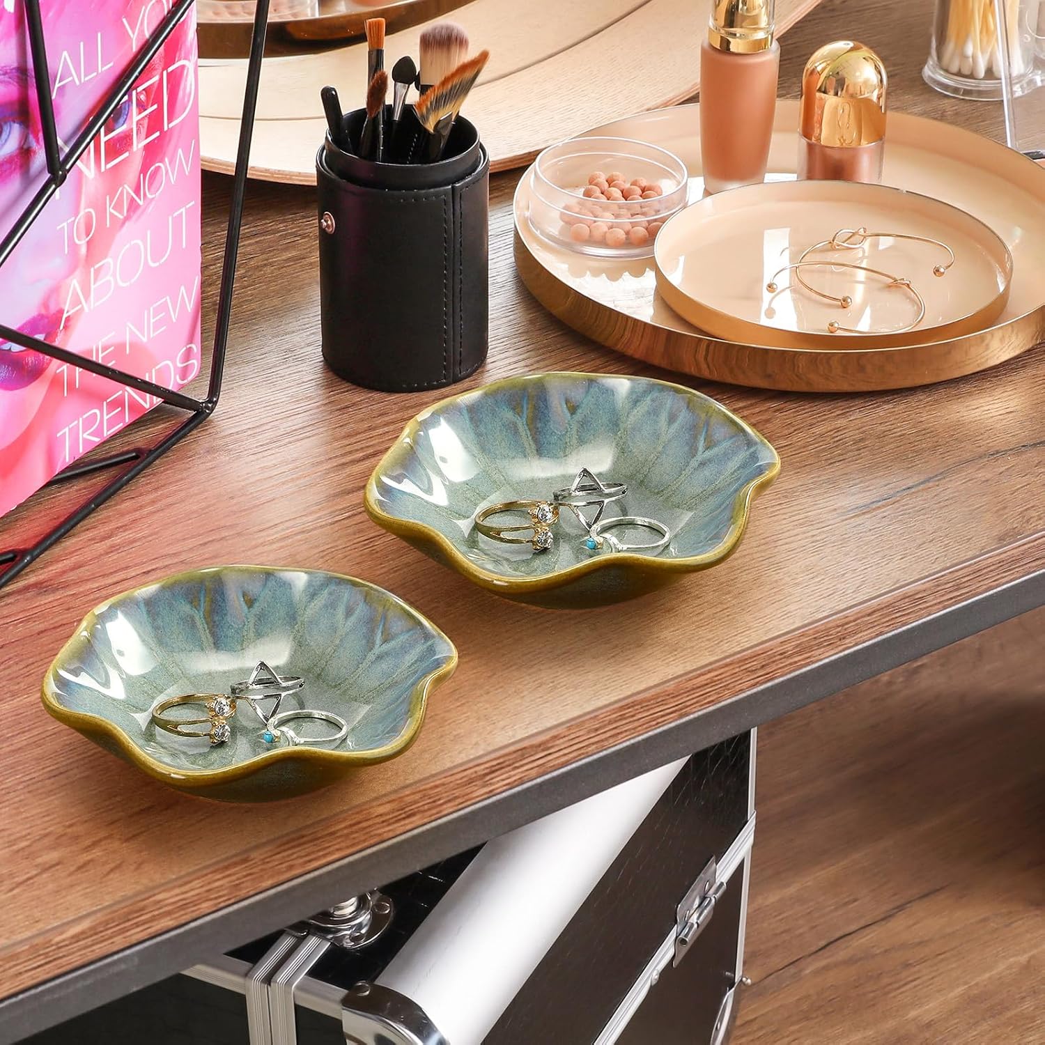 Teenyyou 8 Pcs Ceramic Jewelry Dish Bulk Trinket Jewelry Tray Lotus Leaf Small Ring Dish for Earrings, Rings, Key Bowl(Dark Green)
