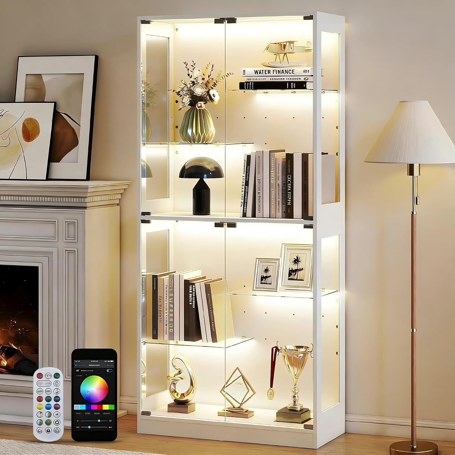 Lamtor 69-inch Glass Display Cabinet – Curio Cabinet with RGB LED Lights, Adjustable Shelves & Anti-Tip Design for Collectibles, Figures, Living Room | White