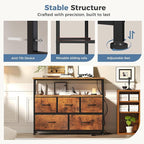 DUMOS TV Stand, Dresser with 5 Fabric Storage Drawers, Media Console Featuring Open Shelf, Fabric Storage Cabinet with Charging Station, Compact Entertainment Unit for Bedroom, Living Room, Brown