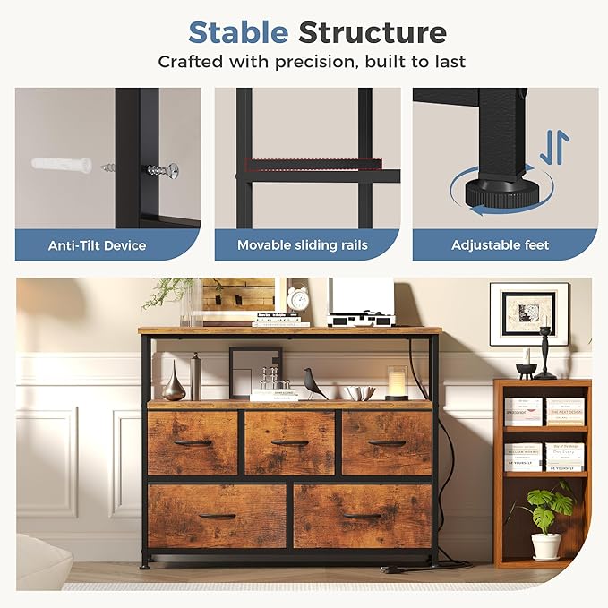 DUMOS TV Stand, Dresser with 5 Fabric Storage Drawers, Media Console Featuring Open Shelf, Fabric Storage Cabinet with Charging Station, Compact Entertainment Unit for Bedroom, Living Room, Brown