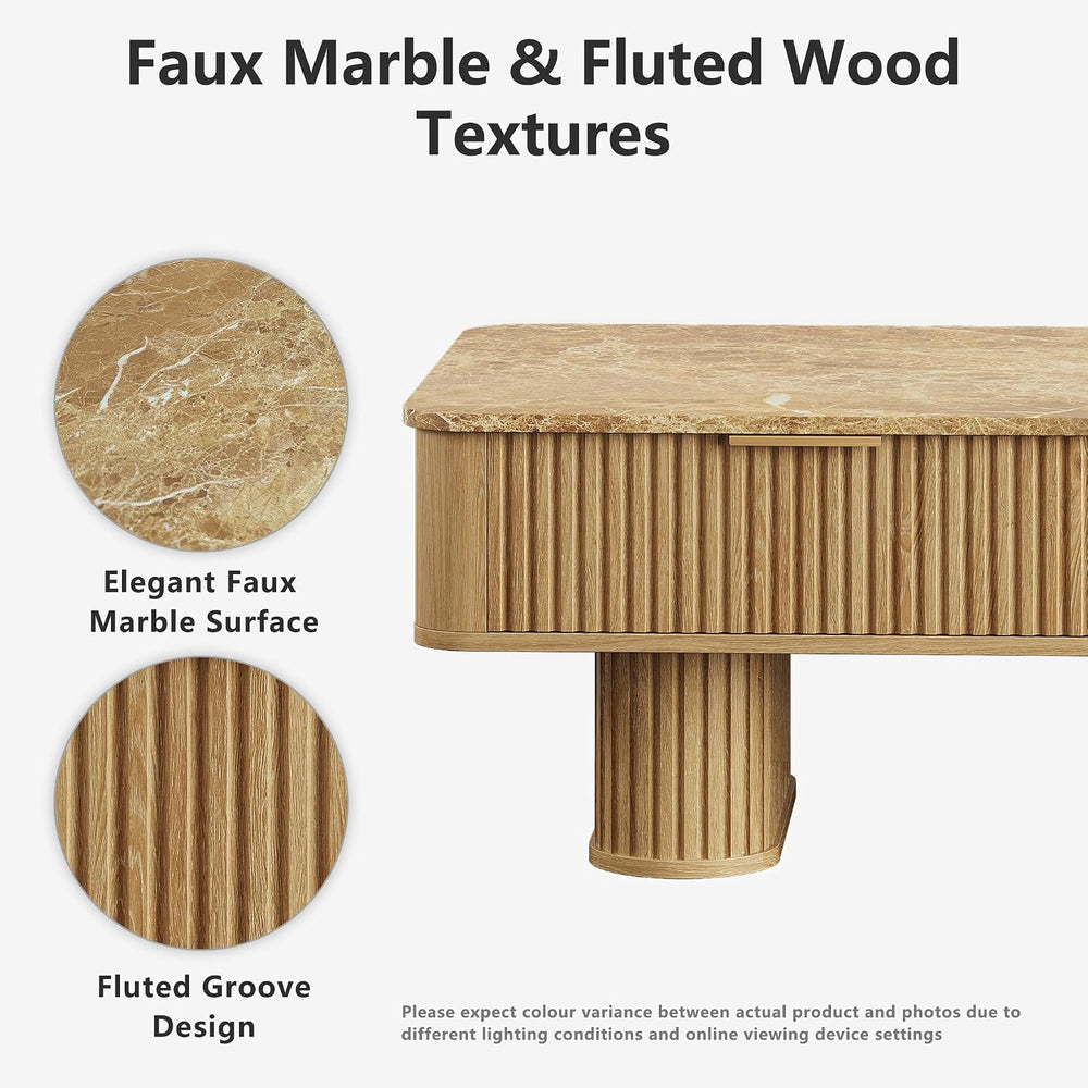 win2win Rectangle Coffee Table with Storage, Faux Marble Top, Boho,Oak