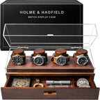 Holme & Hadfield Premium 4 Slot Watch Box for Men - Wooden Watch Display Case with Hinged Cover, Leather Lining & Drawer - Watch Holder Organizer Stand - Handcrafted Luxury Christmas Gift for Men