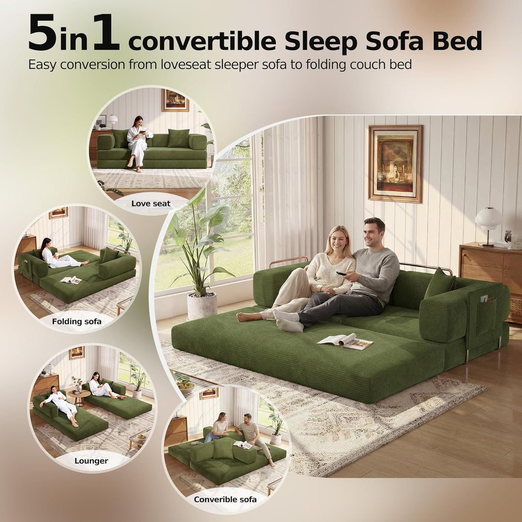 MoonSpeak 78.8''Sleeper Couch Bed for Livingroom,Convertible Modular Sofa with Armrest Pillow,Modular Foldable Corduroy Couches in a Box,No Assembly (Green)