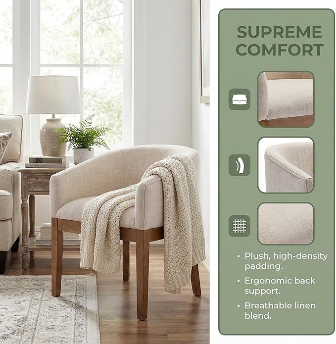 Wahson Mid Century Barrel Dining Chairs Set of 6, Beige Dining Room Chairs with Arms, Linen Upholstered Kitchen Chairs with Natural Wood Legs, for Bedroom/Living