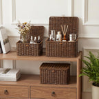 Nonam Wicker Storage Basket with Lid, Large Shelf Baskets for Boho Decor, Plastic Basket, Lidded Home Storage Bins - Stackable Containers Boxes for Organizing - Brown