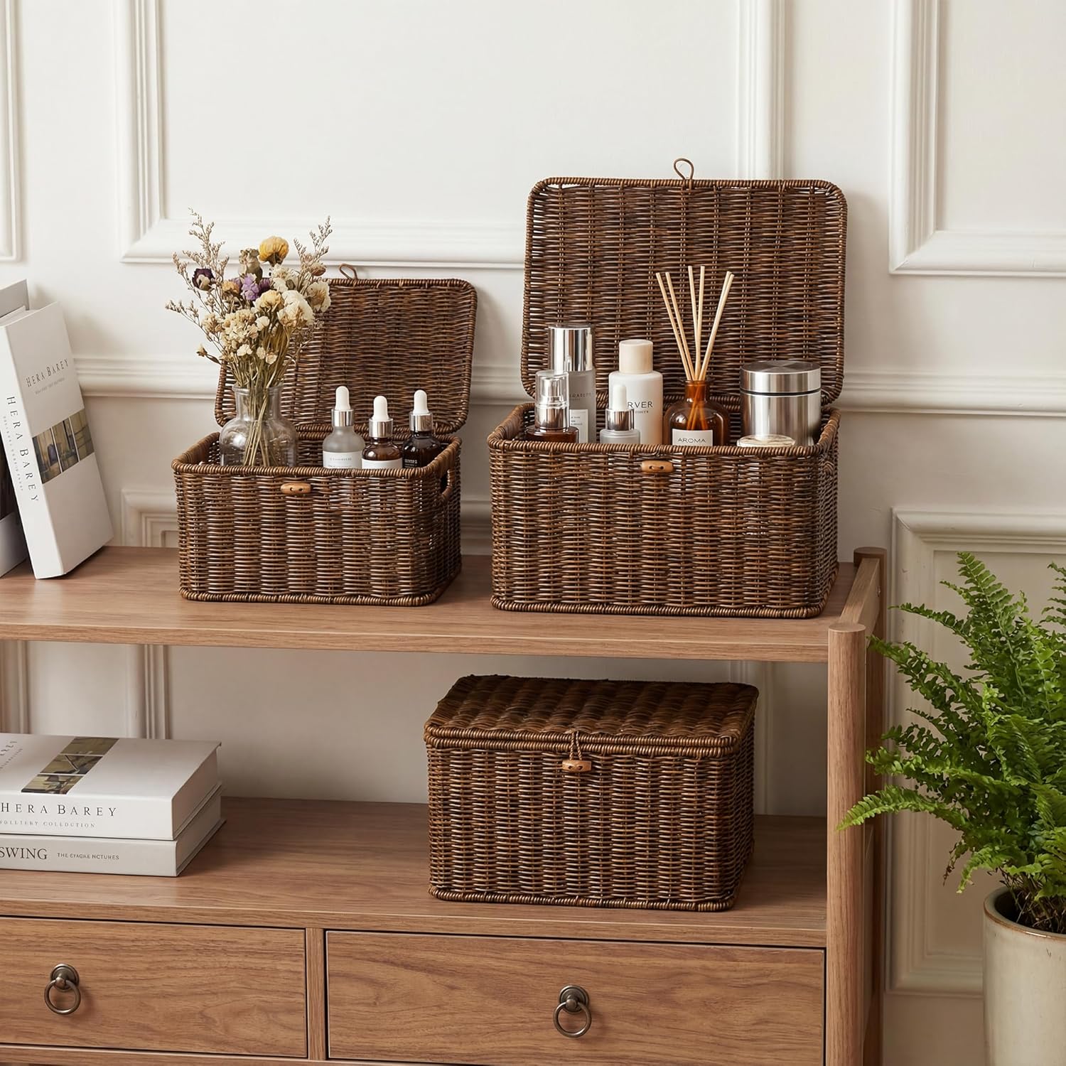 Nonam Wicker Storage Basket with Lid, Large Shelf Baskets for Boho Decor, Plastic Basket, Lidded Home Storage Bins - Stackable Containers Boxes for Organizing - Brown