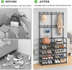 Laiensia 5-Tier Entryway Coat Rack, Coat and Shoe Rack, Entryway Bench Storage Organizer with 8 Hooks for Bedroom, Hallway, Office, Black