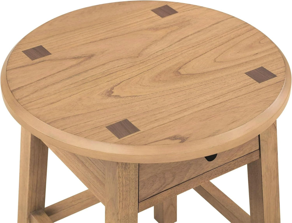 Solid Rubberwood Round Side Table with Drawer, Natural Oak Painted Finish Sof...