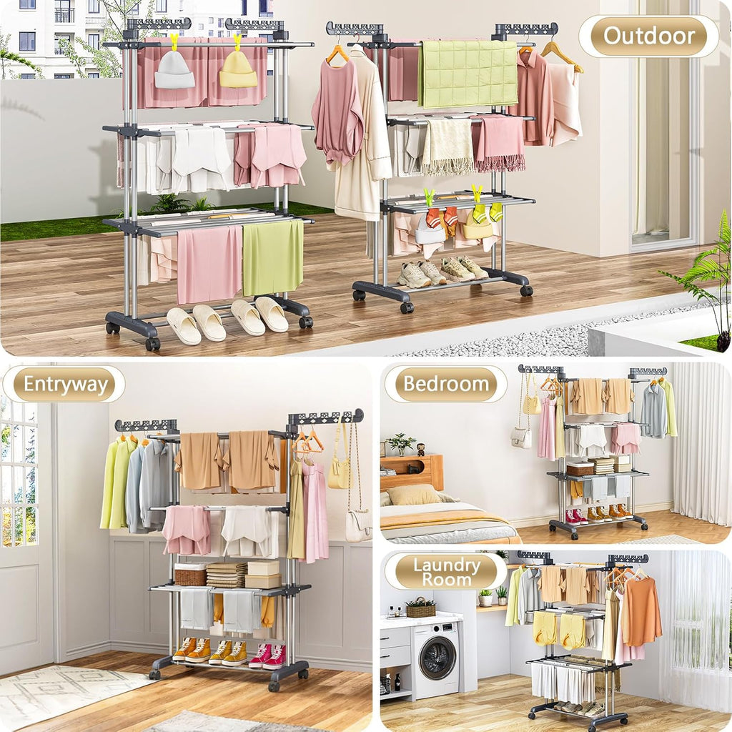 PurKeep 𝟔𝟓% 𝐎𝐅𝐅 Clothes Drying Rack with Wheels, 4 Tier Folding Drying Rack, Heavy Duty Laundry Drying Rack with Expandable Side Wings, Indoor Outdoor Clothes Air Drying Rack for Large Family