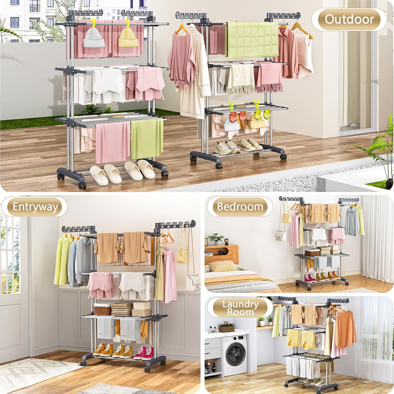 PurKeep 𝟔𝟓% 𝐎𝐅𝐅 Clothes Drying Rack with Wheels, 4 Tier Folding Drying Rack, Heavy Duty Laundry Drying Rack with Expandable Side Wings, Indoor Outdoor Clothes Air Drying Rack for Large Family