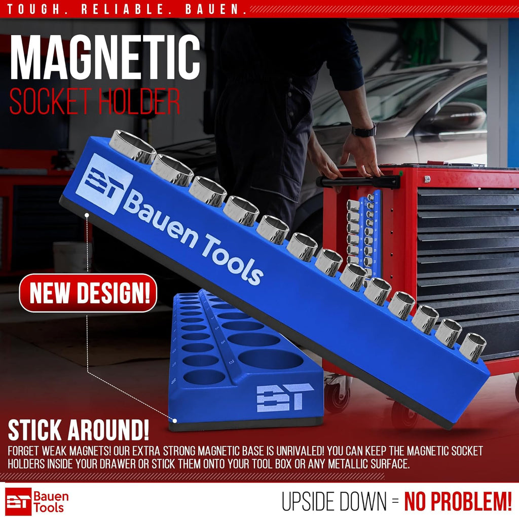 Magnetic Socket Organizer Set -3 Piece Metric Magnetic Socket Holder Set Blue - 1/2-inch, 3/8-inch & 1/4-inch Drive, Holds 75 Sockets, Professional Grade Socket Tray Organizer. NEW VERSION
