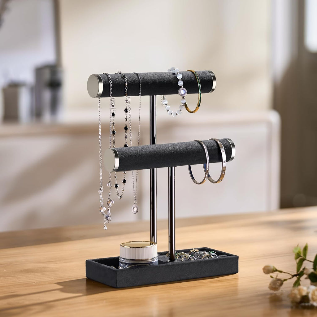 2 Tier Bracelet Holder Display - Detachable T Bar Black Velvet Bracelet Holder, Jewelry Holder Organizer for Bracelet, Necklace, Earrings, Rings