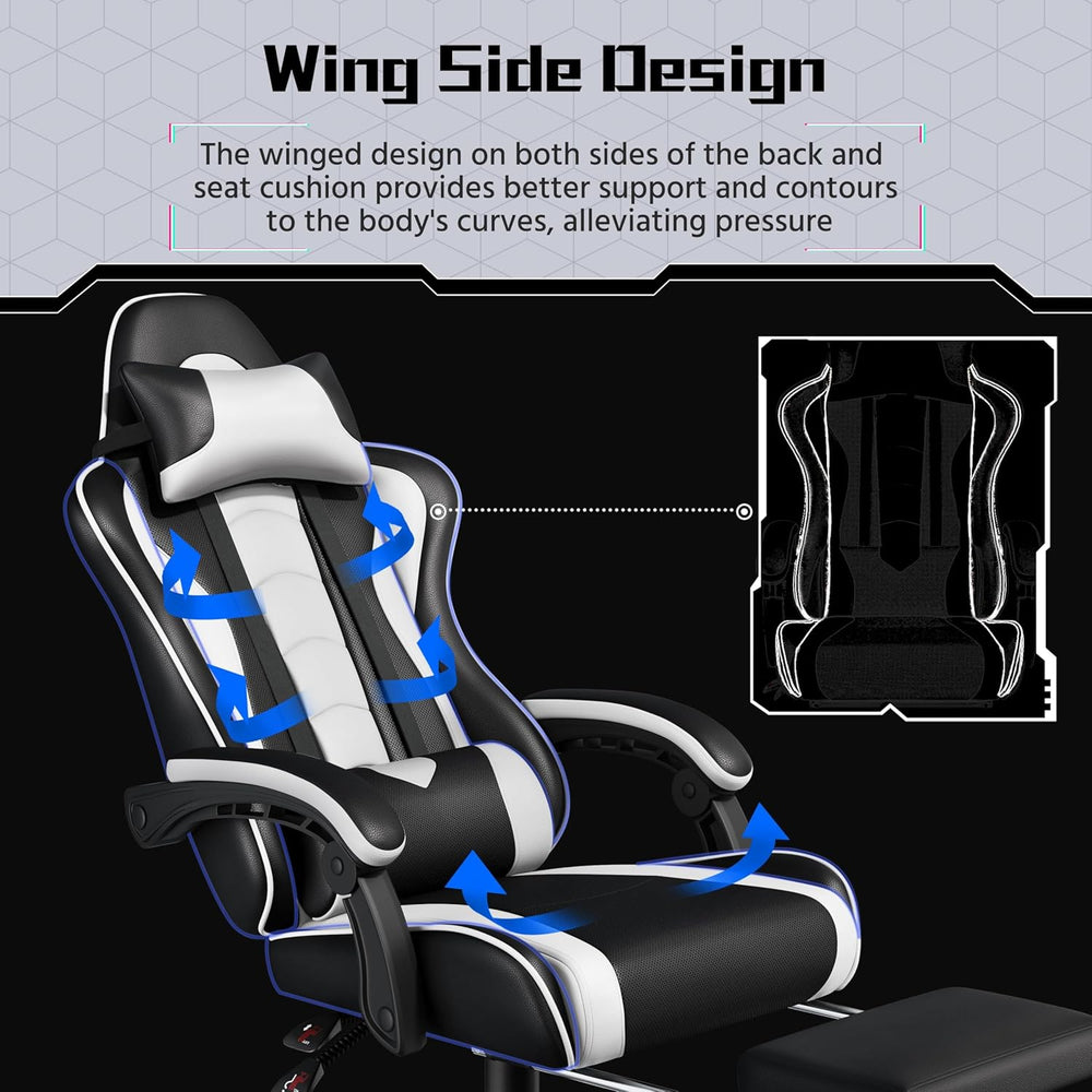 Yaheetech Gaming Chair with Footrest Massage Lumbar Pillow Black and White | ...